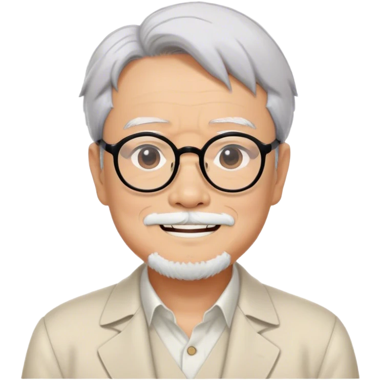 ​Cinematic Realistic Portrait of Hayao Miyazaki, depicted with defined black eyebrows, and large rectangular glasses, his happy expression rendered in lifelike detail, illuminated with soft, realistic lighting that emphasizes his creative genius, emoji