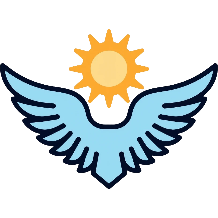 saint emblem with light blue wings and shining golden halo, divine, holy emoji