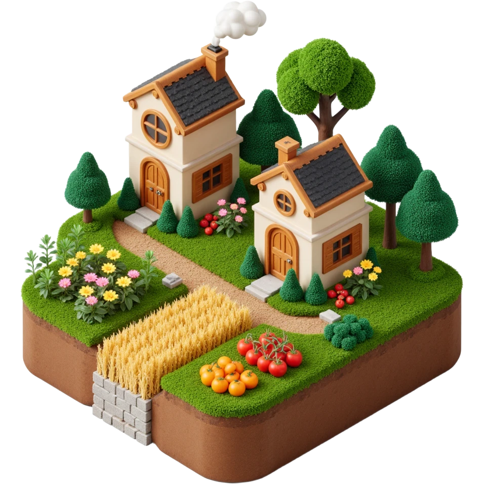 Exterior view of a whimsical jungle farm built on a small square platform, with cookie-factory-style buildings nestled in lush vegetation, wheat fields and colorful vegetables growing from rich soil, surreal atmosphere, no robots, emoji-style emoji