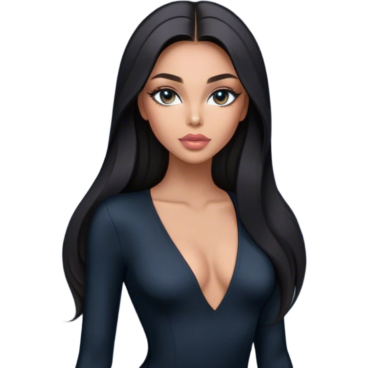 Glamours, tanned, very beautiful girl, with big pump peach-beige-rose lips, long long lashes, black straight smooth silky long hair, straight parting hair, blue-grey eyes in black long-sleeves v-neck bodysuit emoji