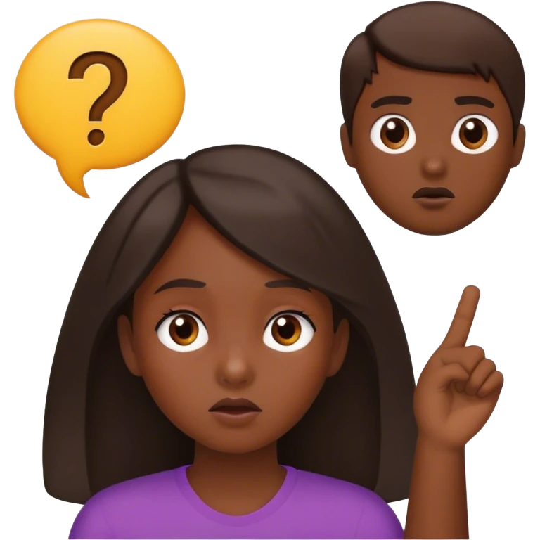 a young girl with dark skin in the middle of two men, looking indecisive, with a question mark over her head emoji