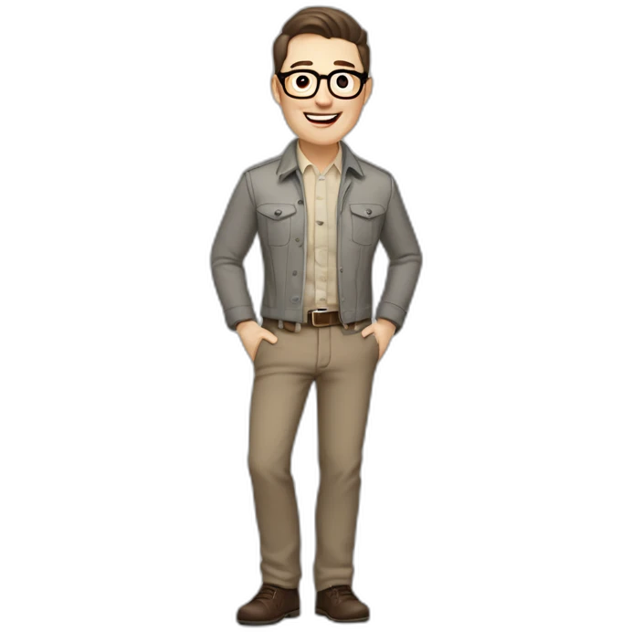 Joyful Full height Pale skinned Fit Man With dark brown hair in gray jacket, beige office shirt, Brown pants and vintage glasses. His thrumbs up emoji