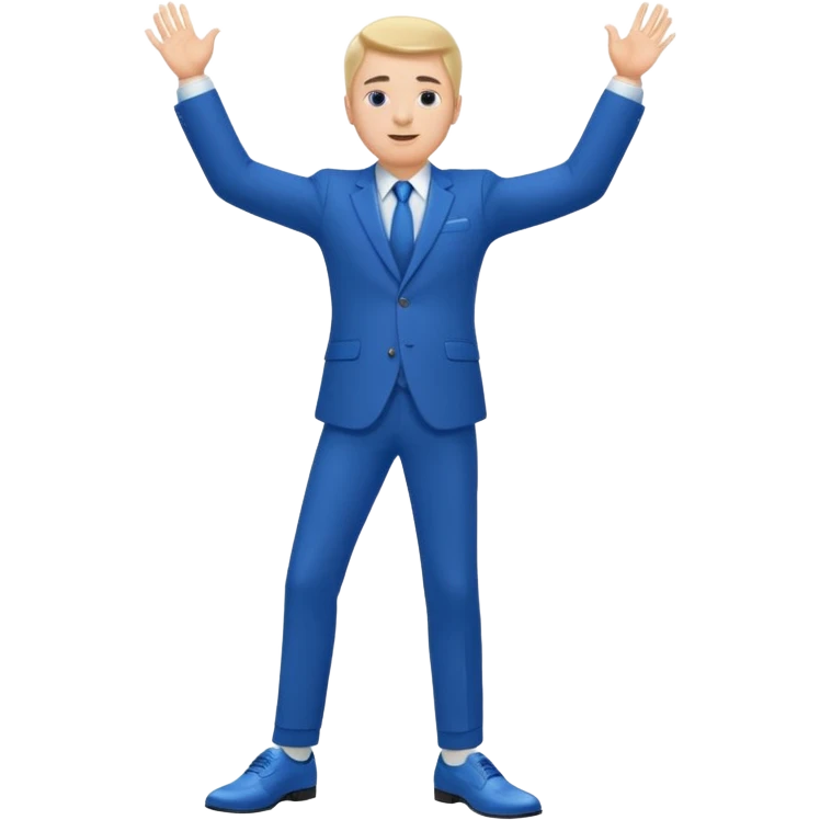 white man in a blue suit and shoes, hand raised emoji