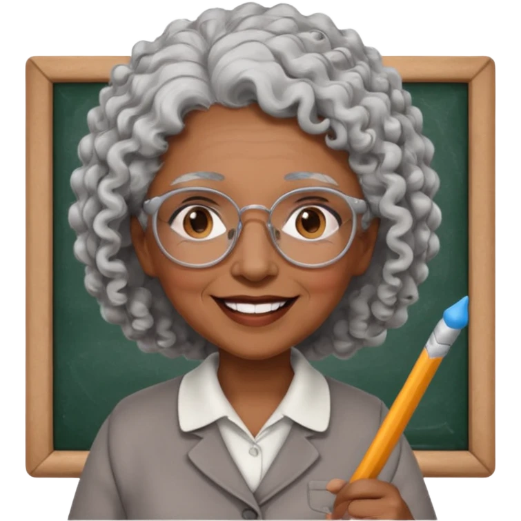 old woman teacher, brown skin, curly grey white hai, wearing glasses, hold chalk on hand emoji