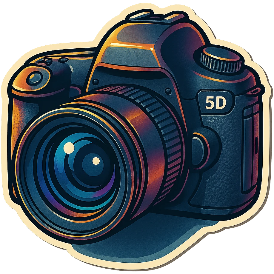 retro sticker style drawing of a professional DSLR camera similar to Canon 5D Mark III, thick outlines, dramatic shadows, shiny highlights, dimensional vibrant camera emoji