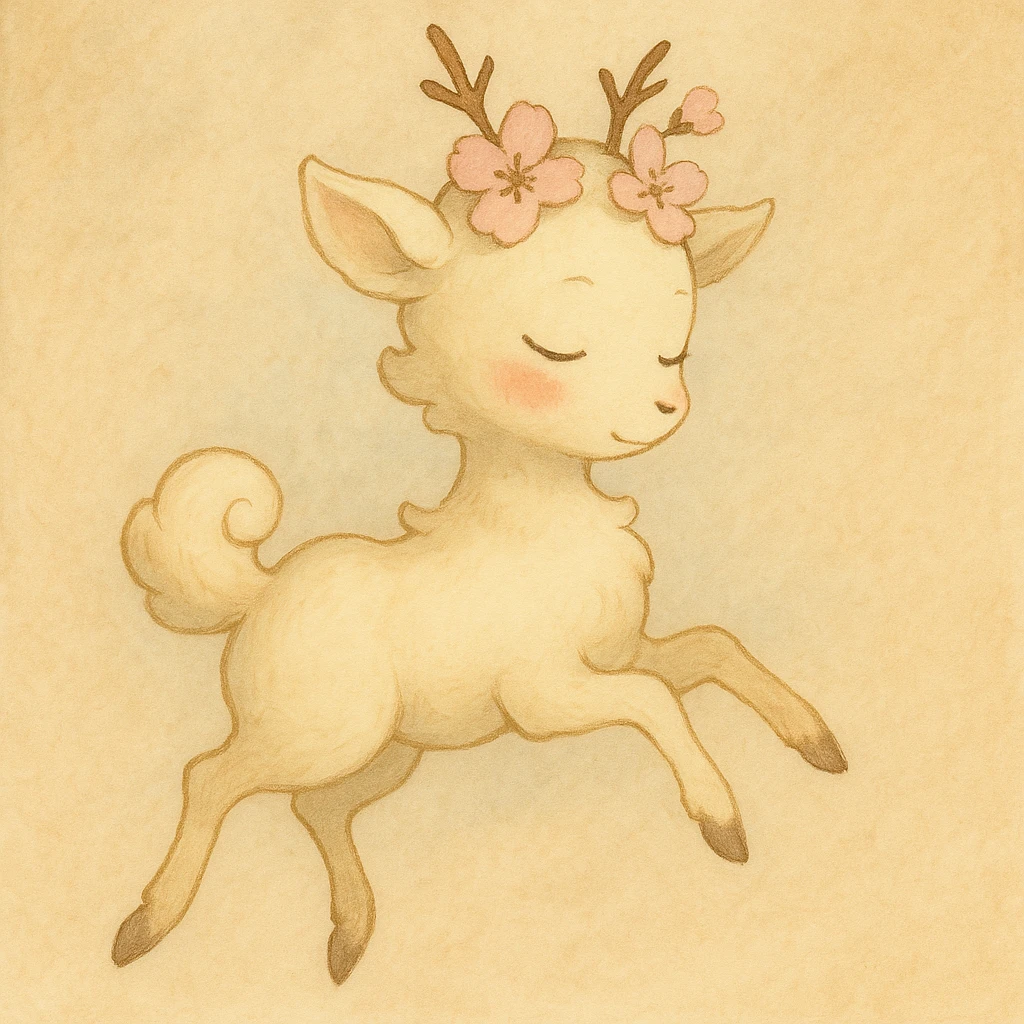 Refine this feminine vanilla cloud doe with rosy cheeks and cherry flowers on its head to float gracefully, not facing front, for a brand identity mascot for social media. Keep the style soft, whimsical, and feminine, and ensure the pose and expression convey magical, graceful floating energy. No front-facing view. emoji