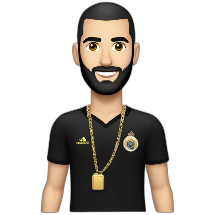Karim Benzema with black hair wearing gold chain and black shirt emoji