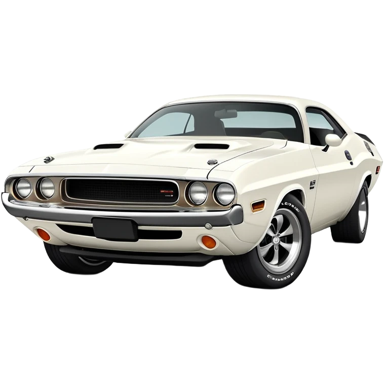 White 1971 Dodge Challenger with sharp details, precise three-quarter view at 30 degrees, accurate muscle car proportions, visible front bumper and fender, pure white finish, iOS emoji style emoji
