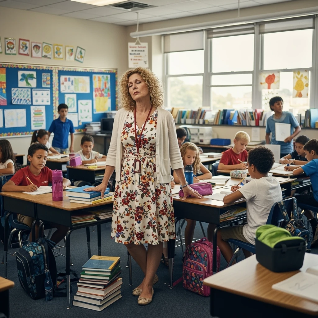 exhausted teacher in a bustling classroom emoji