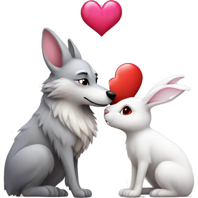 Old Wolf kisses a white Bunny who has pink ears, with big red heart between them. Heads only, with no body  emoji