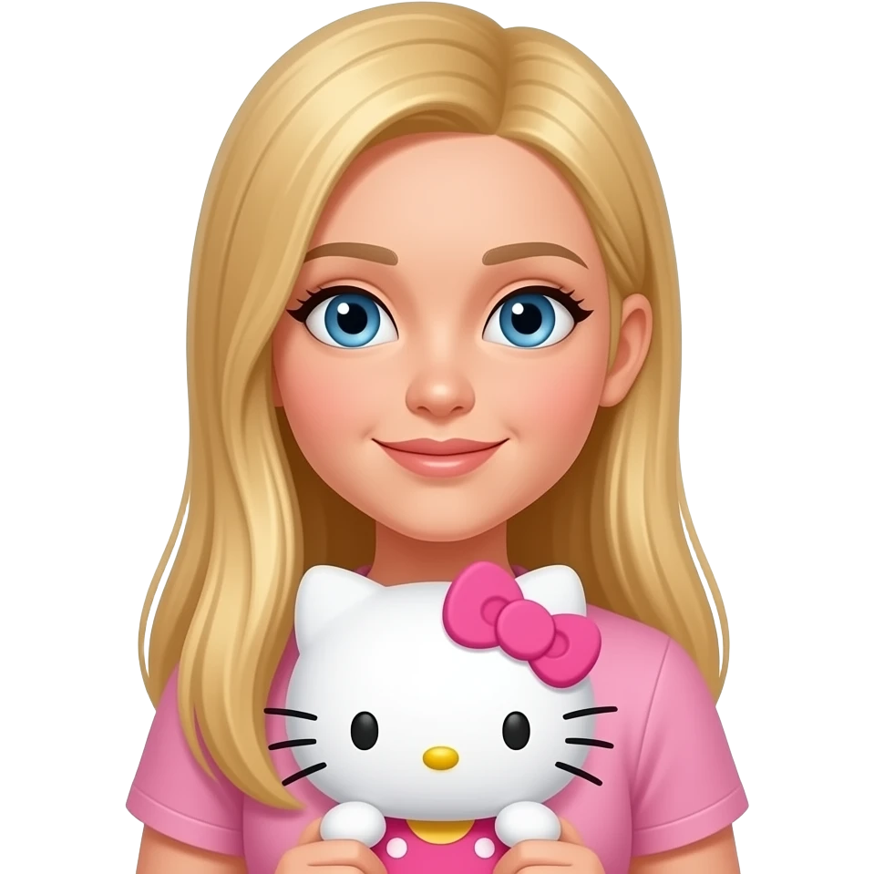 girl with long straight blonde  hair, blue eyes, light to medium complexion, in a pink shirt, holding a stuffed hello kitty emoji