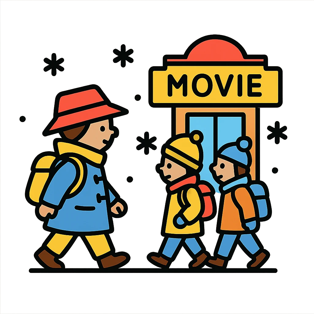 A group of school children walking to a movie theater in winter, inspired by Paddington Bear emoji
