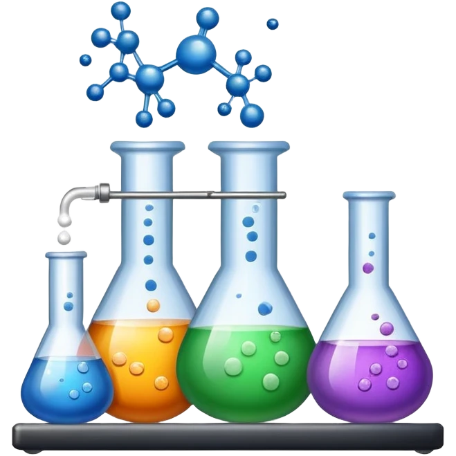 An icon featuring chemical flasks, liquids, powders, and chemical formulas, symbolizing the science of chemistry. The design includes bubbling reactions, molecular structures, and test tubes, representing experimentation and chemical analysis. Transparent background. emoji