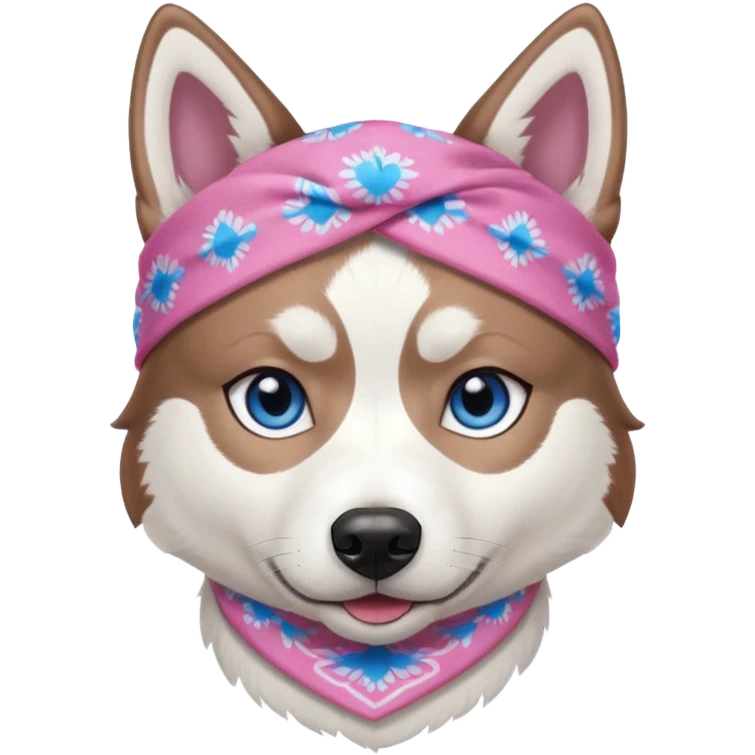 Husky siberiano fêmea, toda branca um olho azul e outro metade azul e marrom. Com bandana rosa emoji