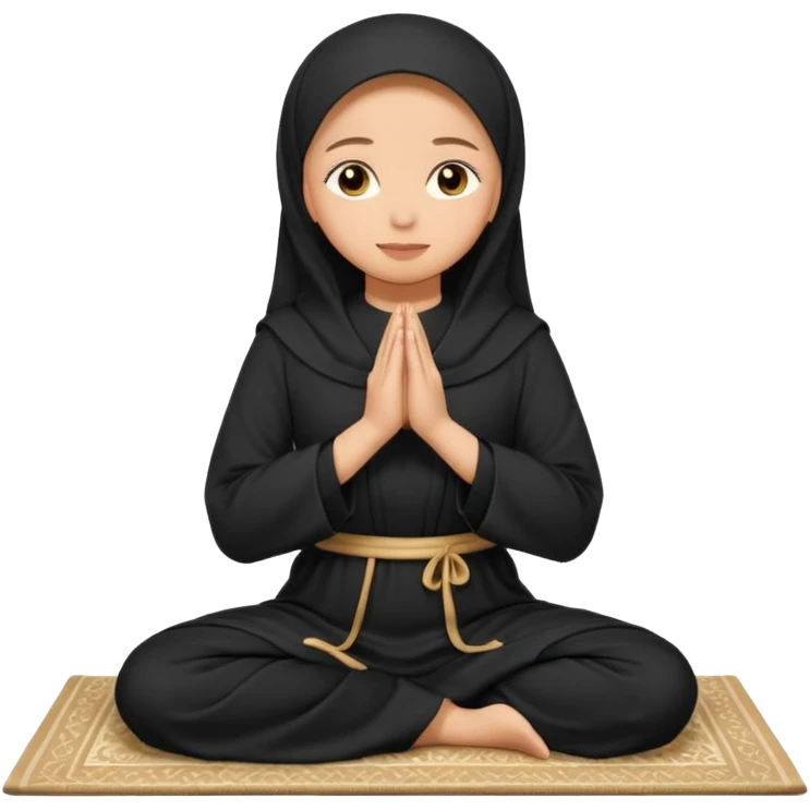 Light skin Muslim woman in plain black abaya side profile praying on prayer mat  holding up hands to god emoji