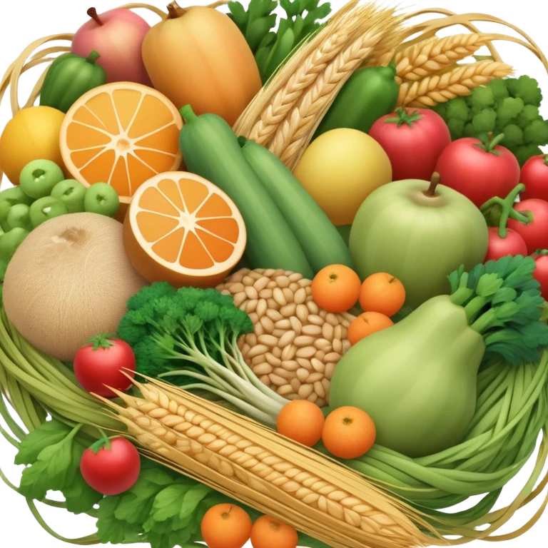 Close-up of a bundle of fiber strands intertwined with small vegetable, fruit, and grain icons, showing microscopic view of dietary fiber structure emoji