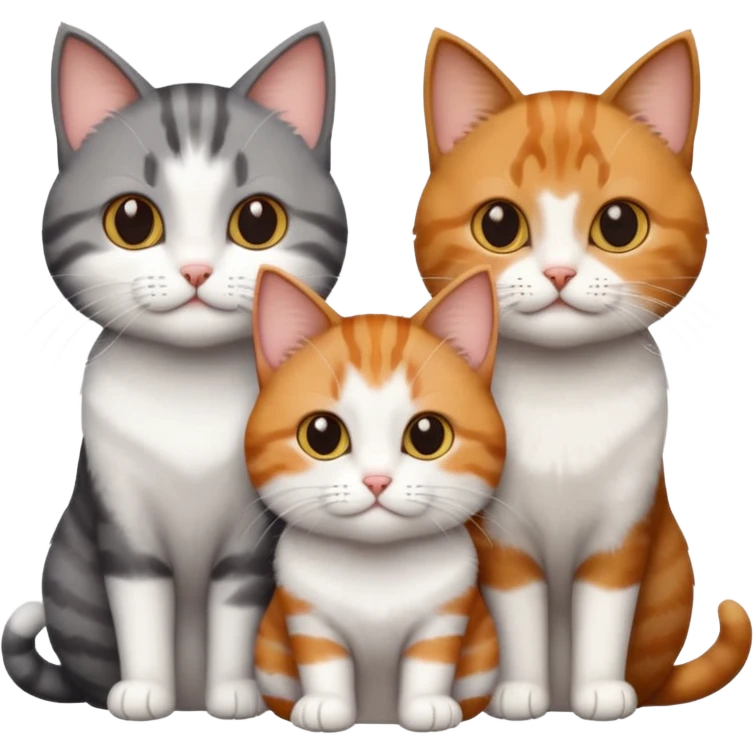 3 different coloured tiny short haired cats, including a dark grey and white cat, a ginger and white and a brown tabby and white emoji