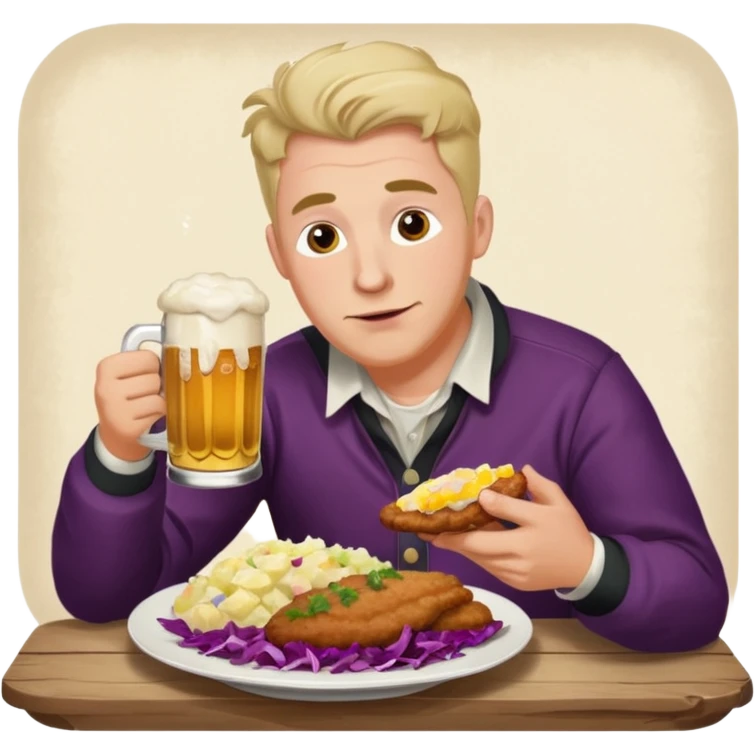German man eating schnitzel, potato salad, red cabbage, sauerkraut, and beer emoji