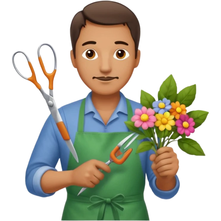 Middle-aged male florist – apron on, trimming stems with scissors emoji