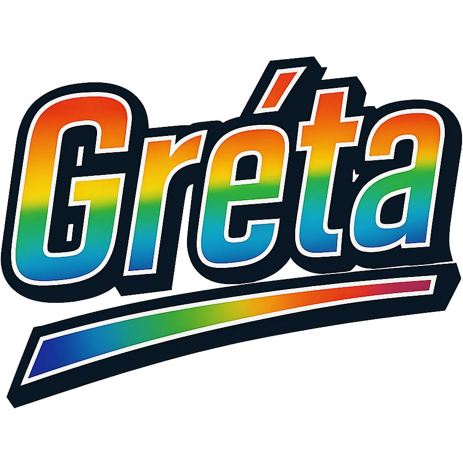 The name 'Gréta' in modern, precise Hungarian letters with a rainbow gradient fill, extra thick white letter outline, dark contour, transparent background, dynamic slanted underline, in the style of the reference samples. emoji