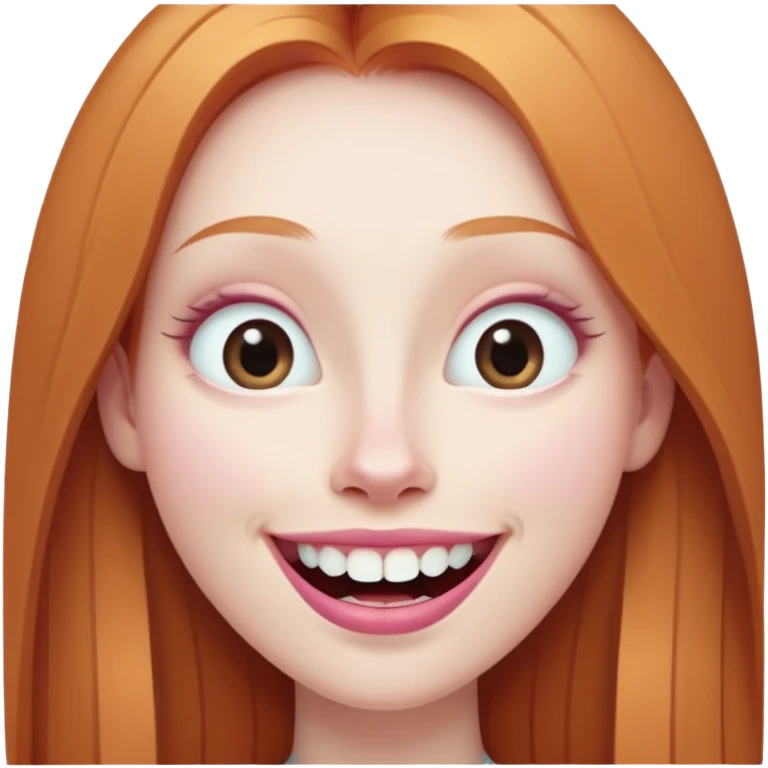 traditional emoji of young girl with very pale skin, long straight muted ginger hair, elongated oval face, bigger human-like eyes positioned close together, wide nose, full pink lips with a big smile showing extremely large and prominent teeth, less intense expression emoji