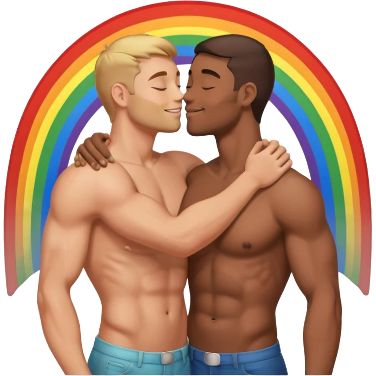 make 2 seductive men kissing and holding sitting on a rainbow emoji