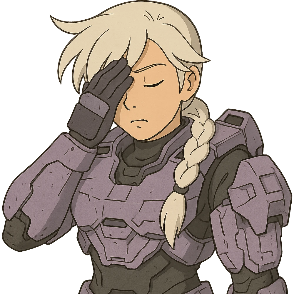 female, wearing reach spartan armor shoulder-unequip, long white braid hair with massive messy front side single bangs, gold yellow eyes, attention pose, D-cup size, HALO:series, no helmet, the armor is lavender color scheme, facepalm, smh, eyes closed emoji