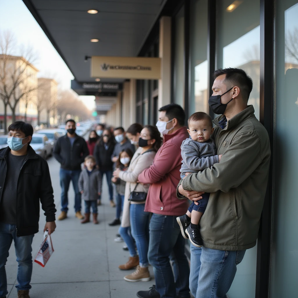 photo-realistic documentary style, family with children and elderly in line outside a modern clinic, some masked, clear vaccination sign, urban setting, soft daylight, 4K resolution emoji