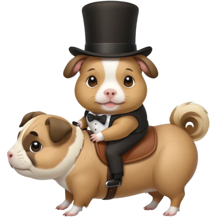 a cute guinea pig wearing a top hat riding on the back of a pug dog emoji