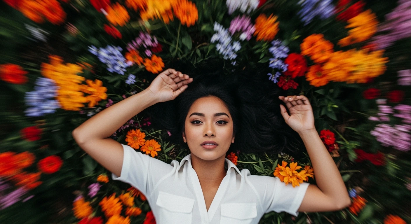 Camera drom top, Motion blur Extreme Closeup photo of a beautifull woman lay around beautifull colorfull flowers, cinematic light, 60/30/10 color rule, 8K, very detailed, sharp, depth (foreground, midground, background) inspired by La La Land emoji