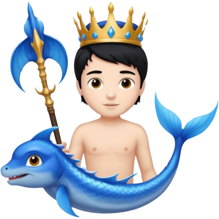 boy, black hair, brown eyes, white skin, Triton, with Triton in hand and blue Triton tail  emoji