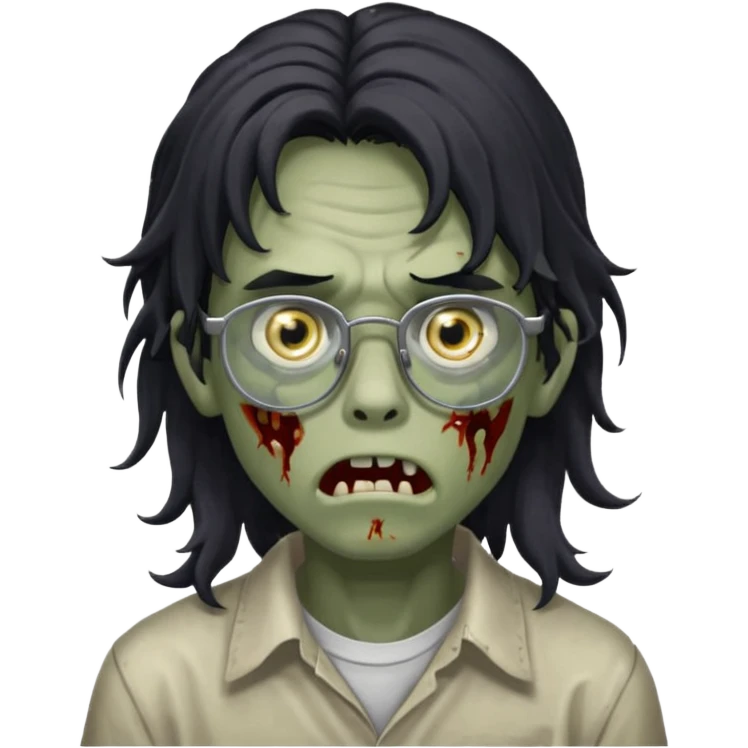 Faça um adolescente zombie com cara de assutado com cortes no rosto, com óculos é cabelos grandes ondulado preto, masculino  emoji