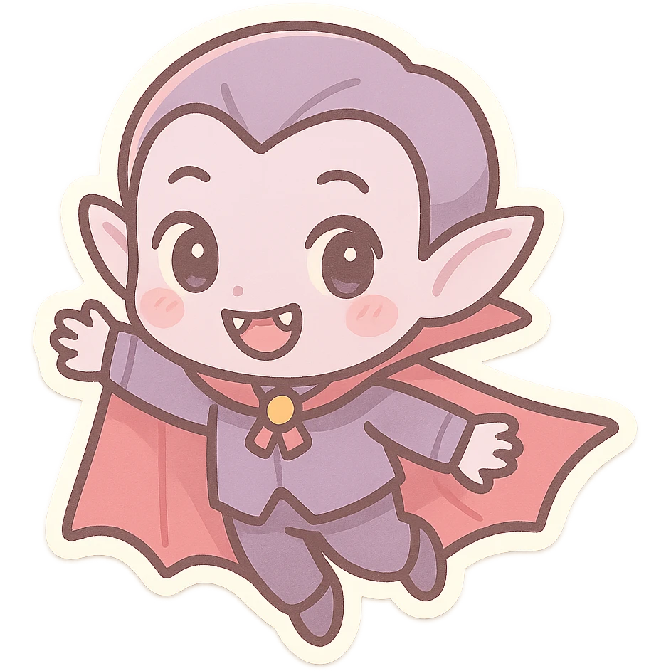 chibi vampire, pastel palette, tiny fangs, cute cape, big eyes, playful expression, floating emoji