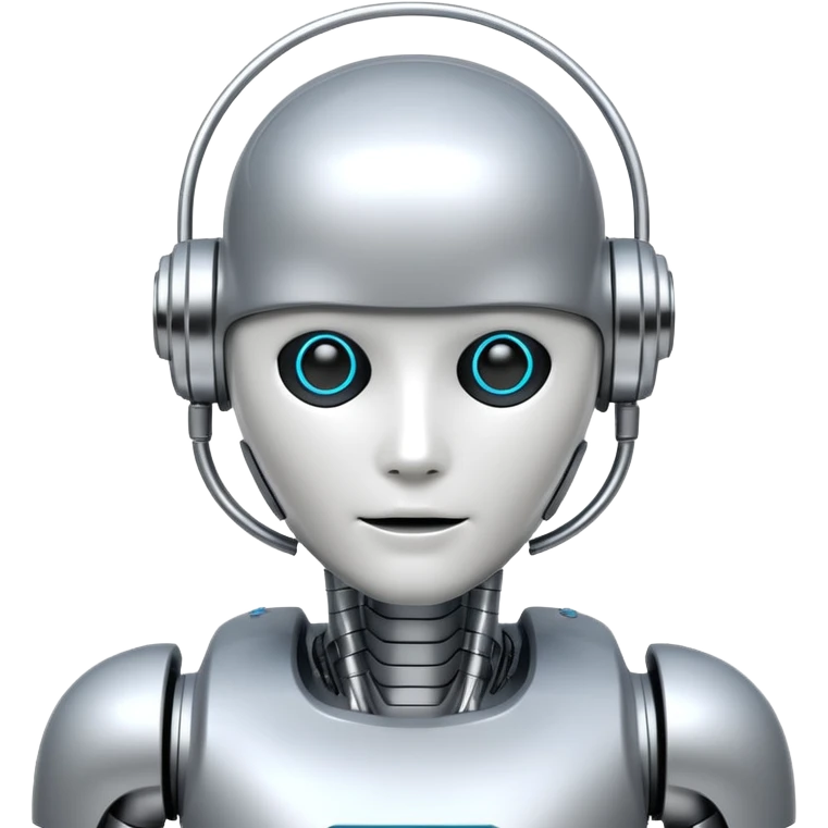 futuristic AI robot, silver and white, digital face emoji