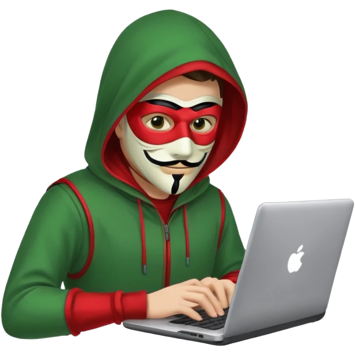 Хакер сидит в зелёно-красной одежде в анонимус маске, печатает в ноутбуке, прозрачный фон. emoji