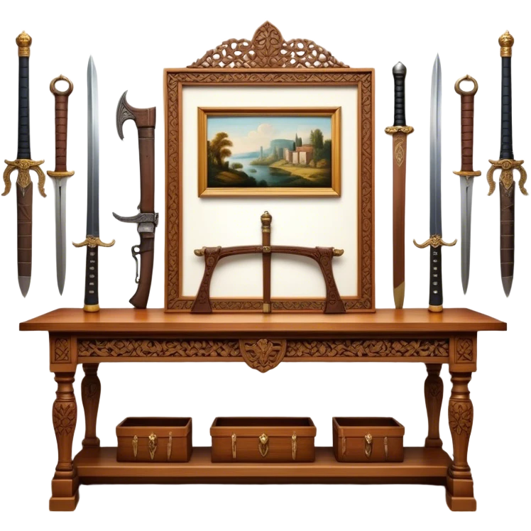 Icon for Antiques Collecting: vintage intricately carved furniture, famous paintings, antique swords, and rifles. The items are displayed on a wooden table or shelf. The icon should evoke the rich history and craftsmanship of antique collecting. Transparent background. emoji