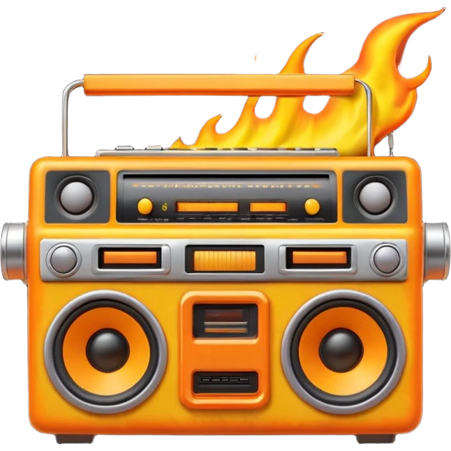 A cute 3D emoji of a retro boombox speaker with a funny shocked face, melting into orange and yellow flames, vibrant "fire" colors, high-end 3D render, white background. (This is a recreation of the fire emoji) emoji