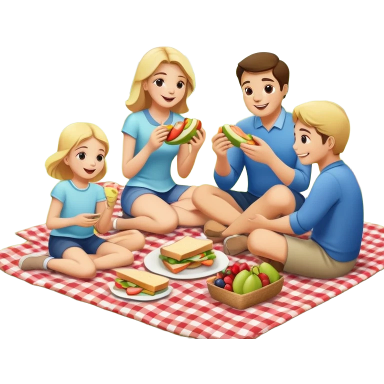 Family picnic with parents and children sitting on a blanket enjoying food outdoors emoji