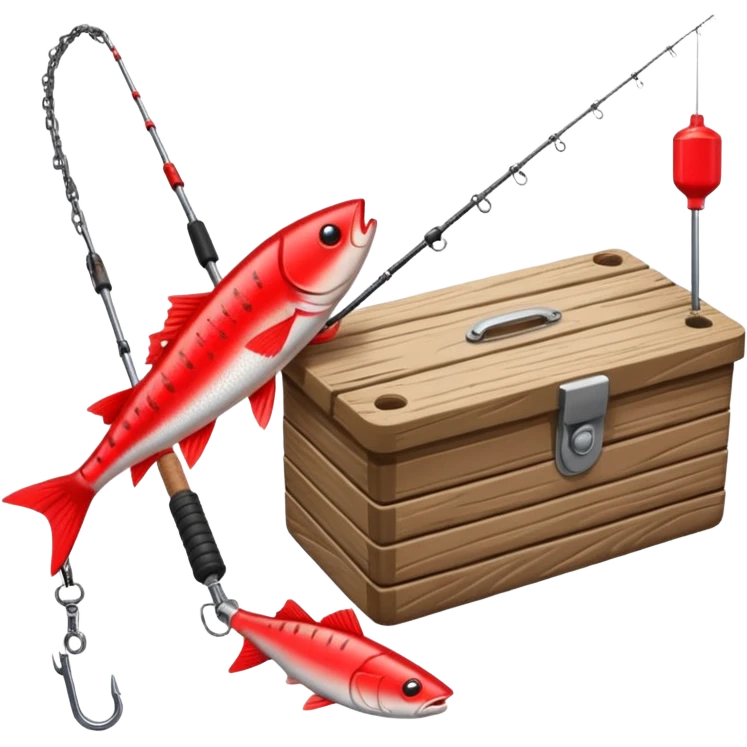 A fishing rod with reel and line neatly coiled beside a bait box.

 emoji
