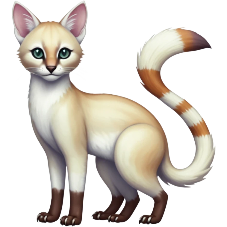 Colorful dark tropical pearly-albino-white iridescent glorious divine exotic cute cool beautiful shiny beautiful fantasy-caracal-civet-genet-sergal-vernid-Cacomistle-oncilla-animal-Fakémon-hybrid-fursona (full body) emoji