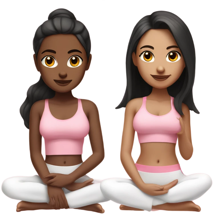 A girl with white skin tone, brown eyes and black long hair,  is sitting in a lotus position in a pink bra top and short white skirts emoji