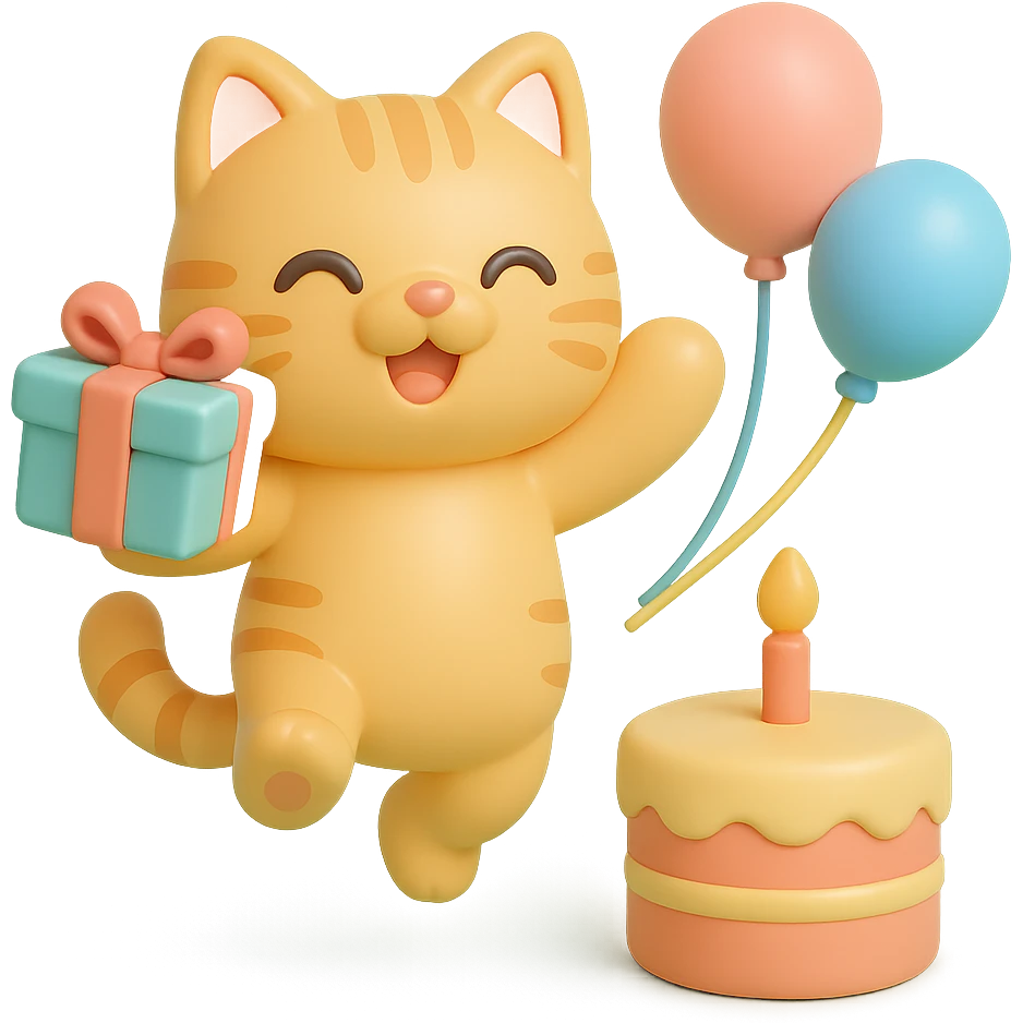 ginger tabby kitten jumping with joy, holding a birthday gift, birthday cake and balloons in background emoji