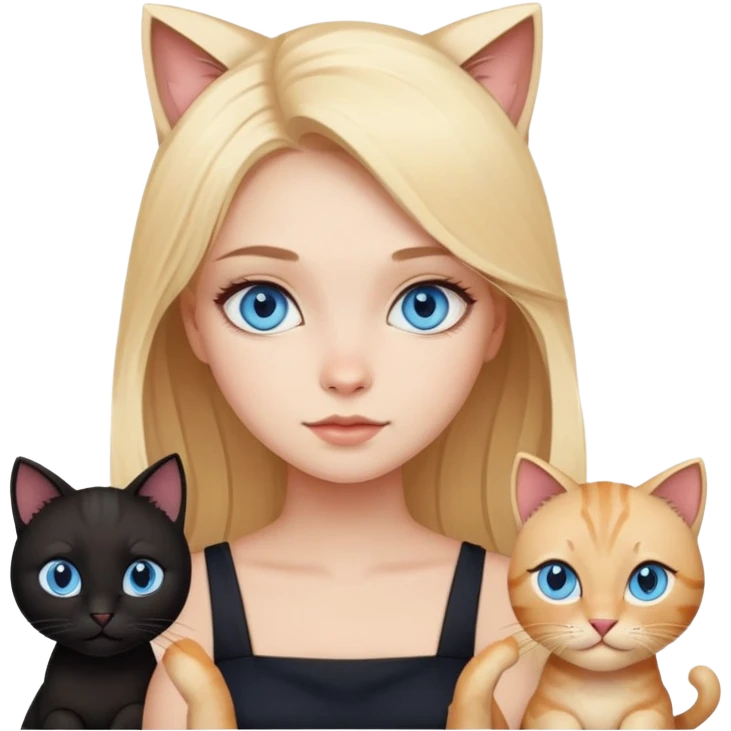 blonde girl with blue eyes astrology in black dress with different cats emoji