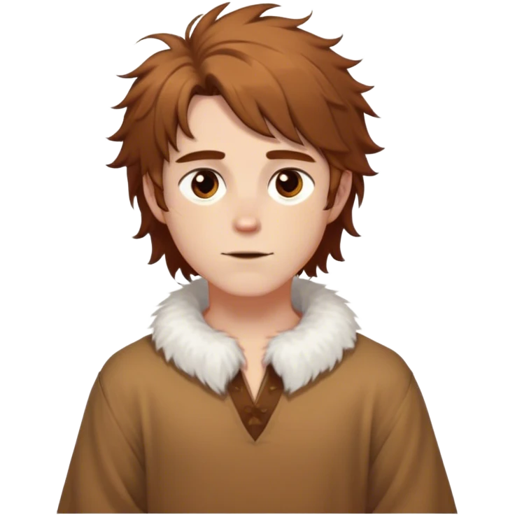 medieval spring outfit worn by a DnD themed fantasy male character. cotton tunic with sleeves rolled to the elbow, featuring a light fur-lined collar for chilly mornings. clothes only above the waist. The clothes full waist. The character's haven't arms. character is white-skinned, chestnut brown hair, amber eyes, shoulder-length messy hair. emoji
