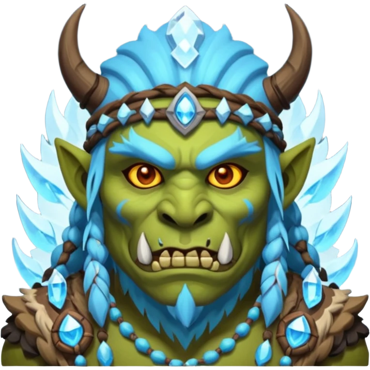 Fantasy Christmas orc shaman icon, ice spirit magic theme, glowing runes, winter tribal mask elements, mystical cold atmosphere, emoji sized portrait, male/female variant emoji