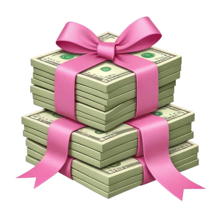 pilha de dinheiro com um laço rosa  emoji