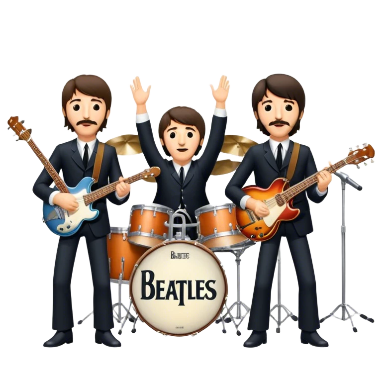 Rock music icon: The Beatles performing live on stage. John Lennon with guitar, Paul McCartney with bass, George Harrison with guitar, Ringo Starr on drums. Bright lights, energetic performance. Transparent background. emoji
