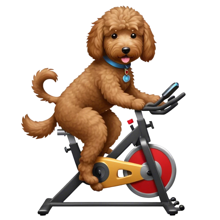 brown goldendoodle riding a spin bike emoji