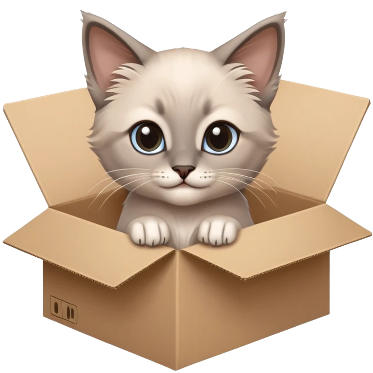  A very cute gery young happy kitten long hair Siamese Cat cat with one's head tilted to one side poked its paws out of the cardboard big box and placed them on top of it emoji