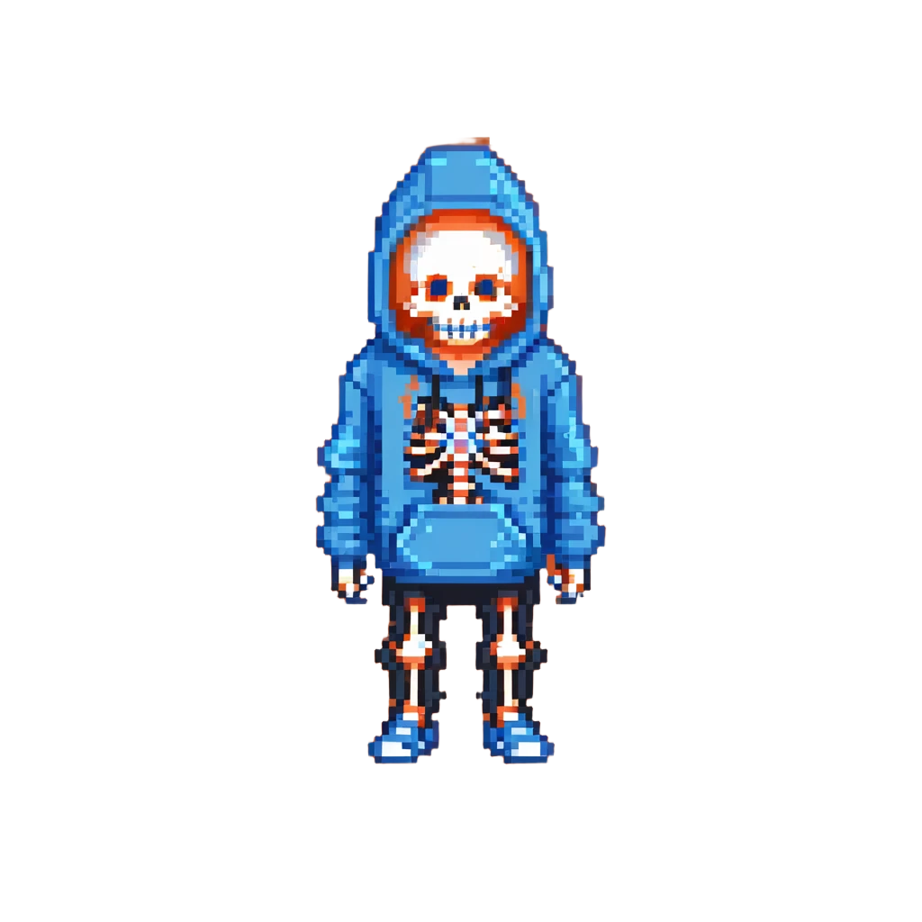 Sans from Undertale with glowing blue eye, skeleton with permanent grin, wearing blue hoodie emoji